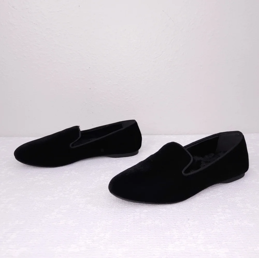 BIRDIES The Starling Velvet Flats US 8.5 Black Faux-Fur Lined Slip-On Loafer